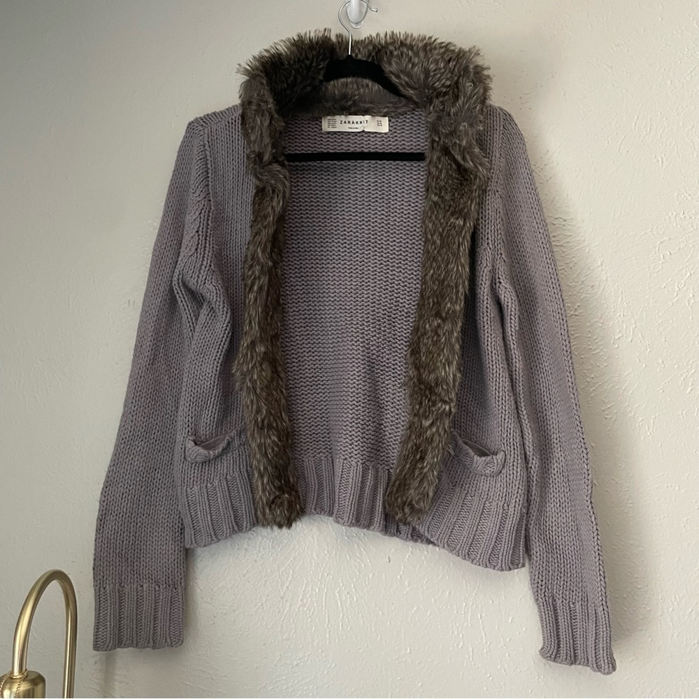 Chunky Grey Zara Knit Open Sweater Cardigan with Faux Vegan Fur